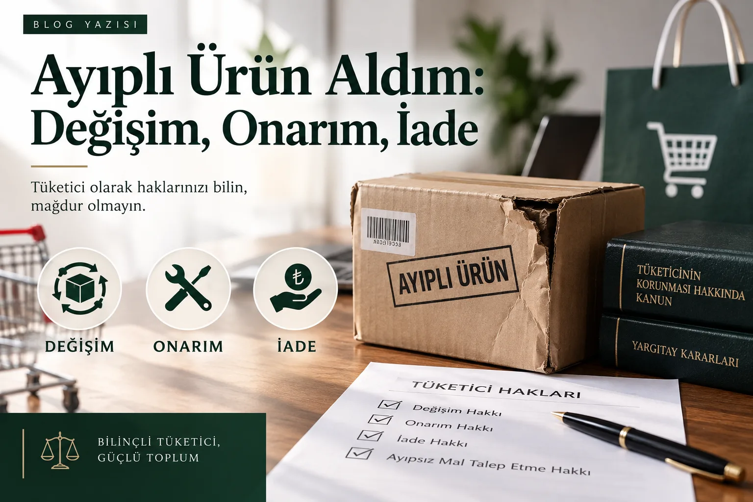 Ayıplı ürün, değişim, onarım ve iade haklarını anlatan kapak görseli