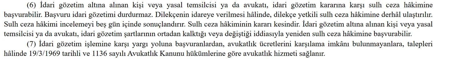 6458 sayılı Kanun madde 57 fıkra 6 ve 7: idari gözetim kararına karşı sulh ceza hâkimine başvuru, beş günde karar, yeniden başvuru ve avukatlık ücretini karşılayamayanlara avukatlık hizmeti (mevzuat.gov.tr)