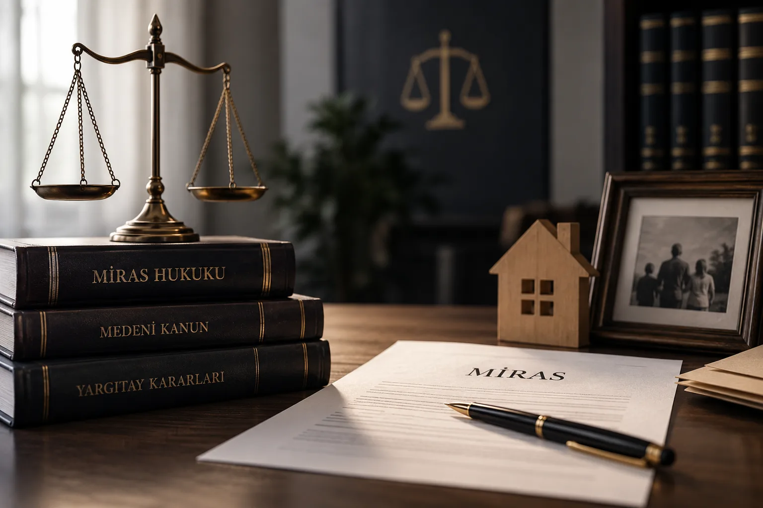 Adalet terazisi, Miras Hukuku ve Medeni Kanun kitapları, ahşap ev maketi ve Miras başlıklı belge
