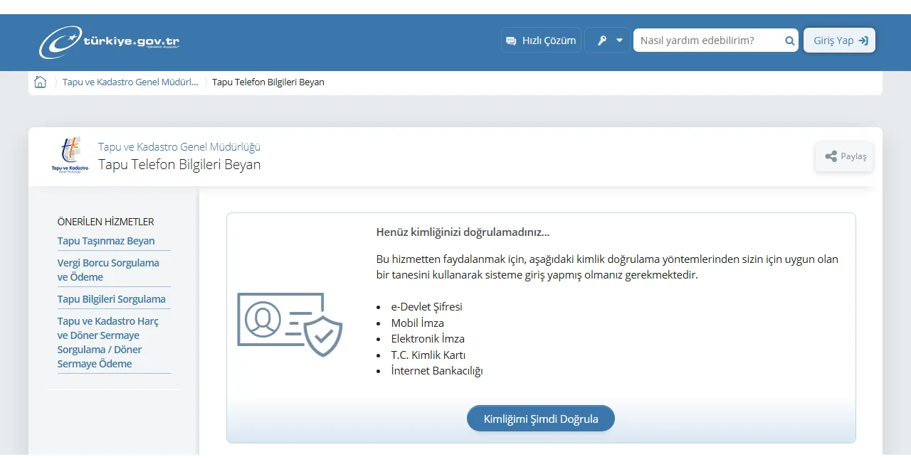 e-Devlet page of the Turkish Land Registry service Tapu Telefon Bilgileri Beyan, used to register a mobile number for SMS alerts on property transactions