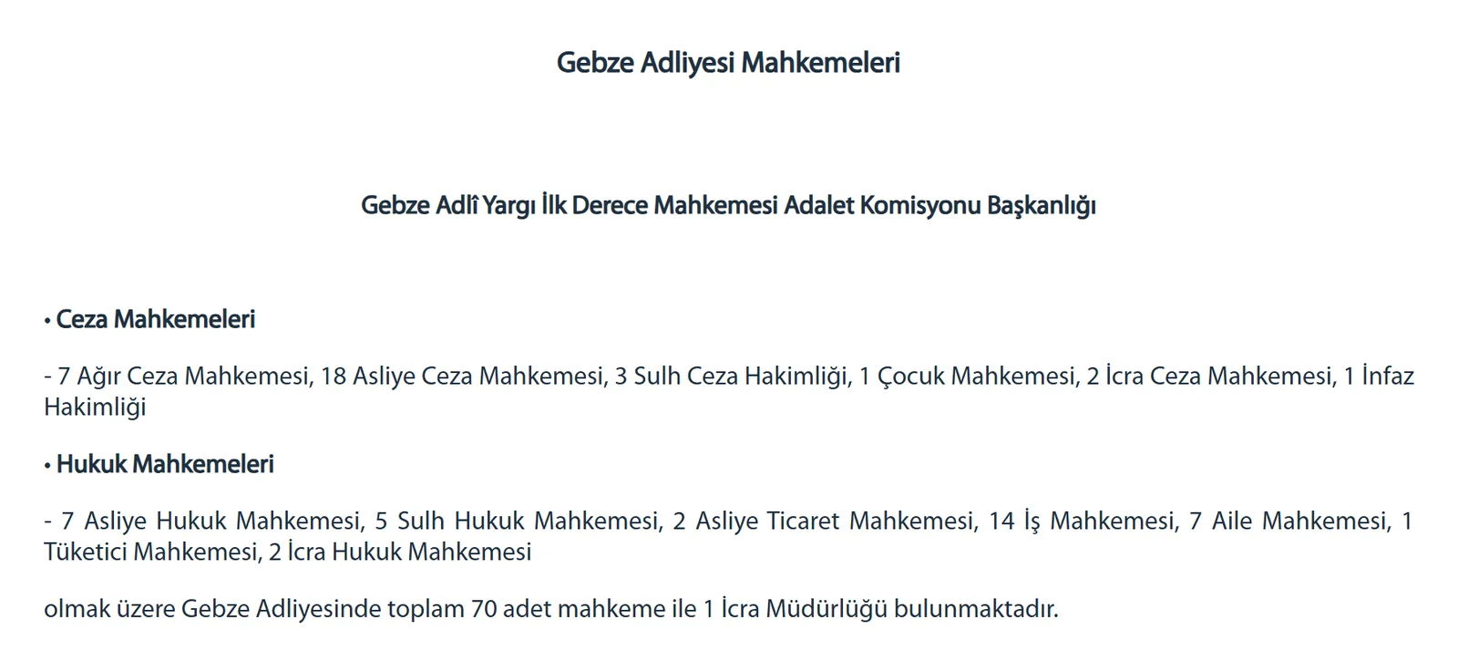 Gebze Adliyesi resmî sitesi Mahkemeler sayfası: 7 ağır ceza, 18 asliye ceza, 7 asliye hukuk, 5 sulh hukuk, 2 asliye ticaret, 14 iş, 7 aile, 1 tüketici, 2 icra hukuk mahkemesi ile toplam 70 mahkeme