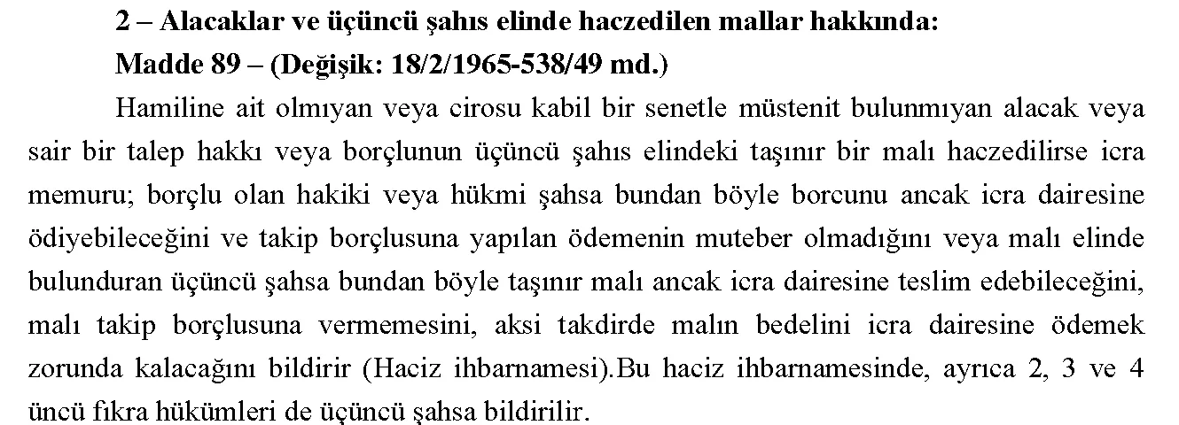 İcra ve İflas Kanunu 89. madde: banka hesabına haciz ihbarnamesi gönderilmesi