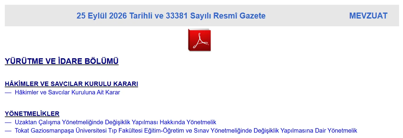 25 Eylül 2026 Resmî Gazete fihristinde Uzaktan Çalışma Yönetmeliğinde Değişiklik Yapılması Hakkında Yönetmelik