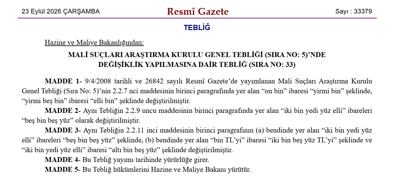 Resmî Gazete 23 Eylül 2026 sayı 33379: MASAK Genel Tebliği Sıra No 33, ön ödemeli kart ve elektronik parada 5.500 TL, mobil ödemede 2.500 TL ve 6.500 TL, hayat sigortasında 20.000 TL ve 50.000 TL