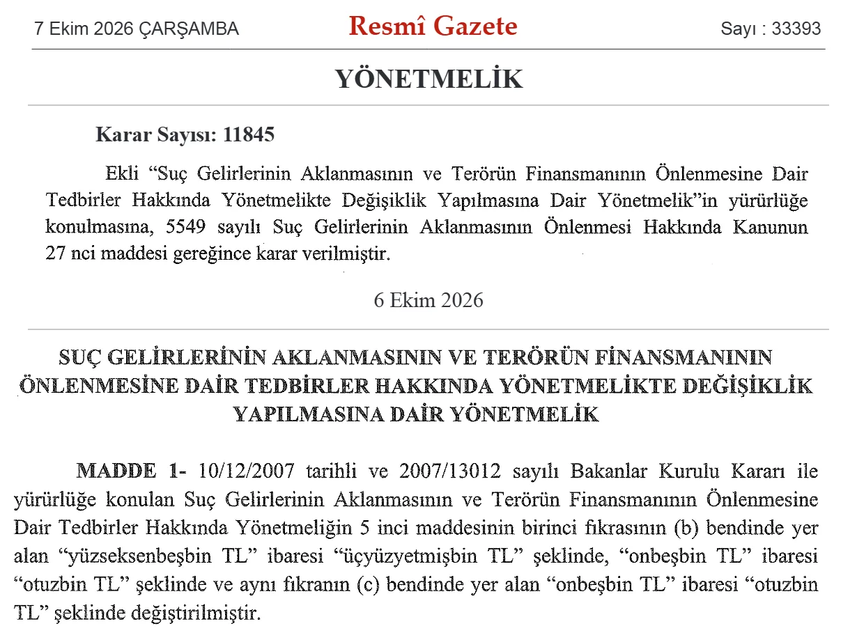 Resmî Gazete 7 Ekim 2026 sayı 33393: 11845 sayılı Cumhurbaşkanı Kararı ve ekli Yönetmeliğin 1. maddesi, MASAK kimlik tespiti eşiğinin 370.000 TL'ye, elektronik transfer eşiğinin 30.000 TL'ye çıkarılması