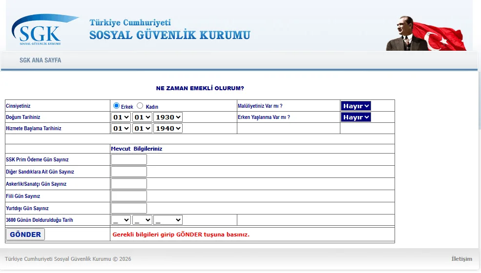 SGK Ne Zaman Emekli Olurum hesaplama ekranı