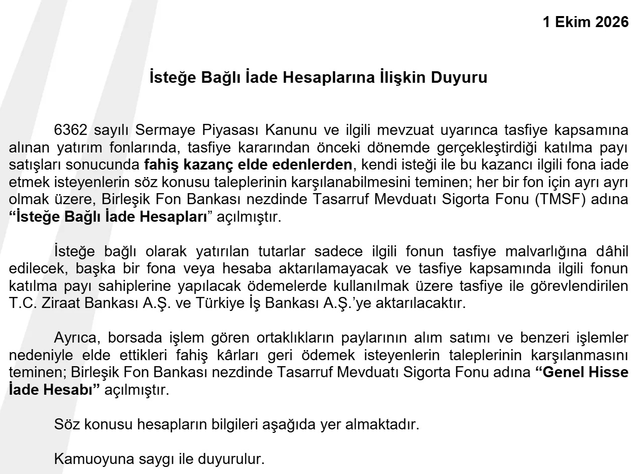 SPK'nın 1 Ekim 2026 tarihli İsteğe Bağlı İade Hesaplarına İlişkin Duyurusu
