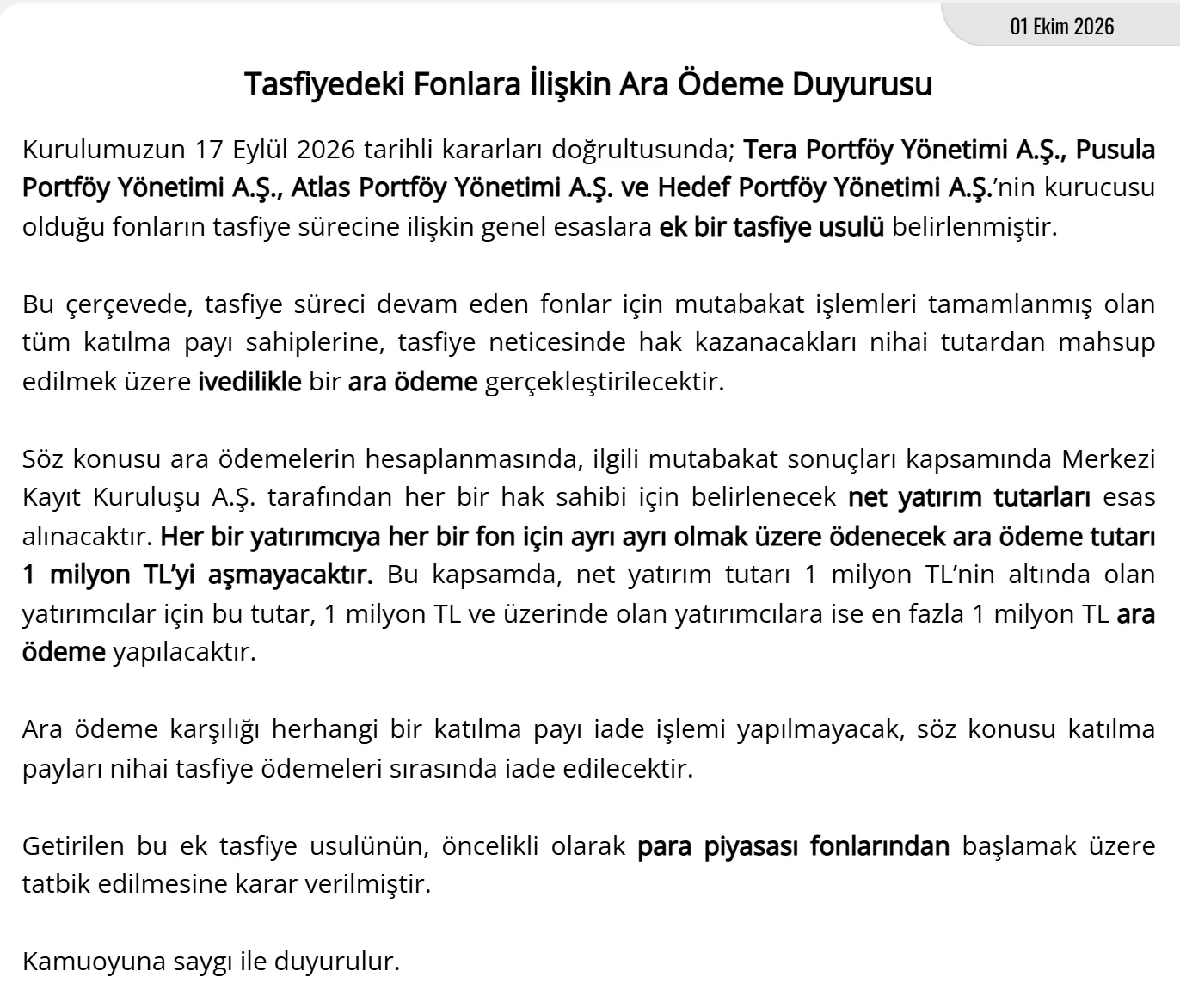 SPK 1 Ekim 2026 tarihli Tasfiyedeki Fonlara İlişkin Ara Ödeme Duyurusu: 1 milyon TL sınırı her fon için ayrı
