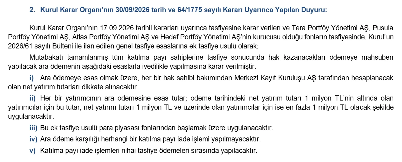 SPK'nın 30 Eylül 2026 tarihli ve 64/1775 sayılı kararı: tasfiyedeki fonlarda ara ödeme esasları