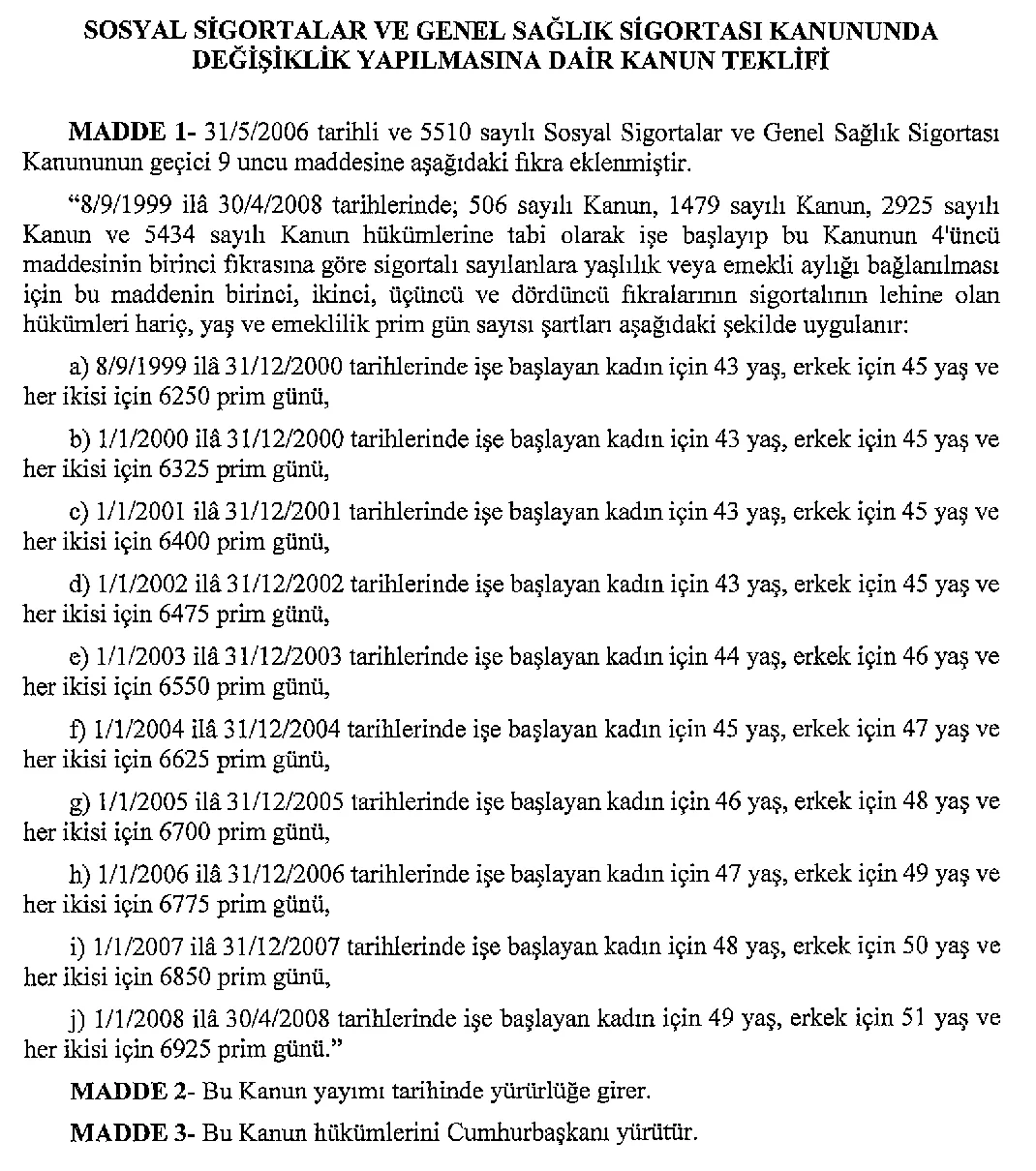 TBMM 2/2755 sayılı kademeli emeklilik kanun teklifi madde metni: işe giriş yılına göre yaş ve prim günü