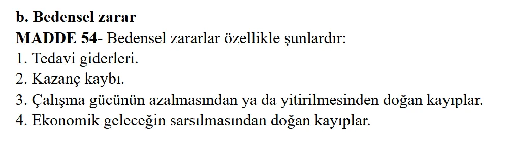 Türk Borçlar Kanunu madde 54: bedensel zararlar özellikle tedavi giderleri, kazanç kaybı, çalışma gücünün azalmasından doğan kayıplar ve ekonomik geleceğin sarsılmasından doğan kayıplardır
