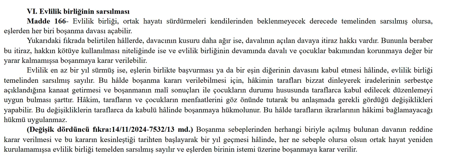 Turkish Civil Code Article 166: uncontested divorce conditions and the 2024 amendment to the fourth paragraph