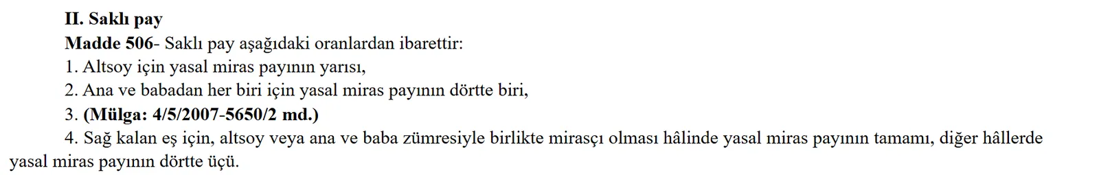 Turkish Civil Code Article 506: reserved shares of descendants, parents and the surviving spouse
