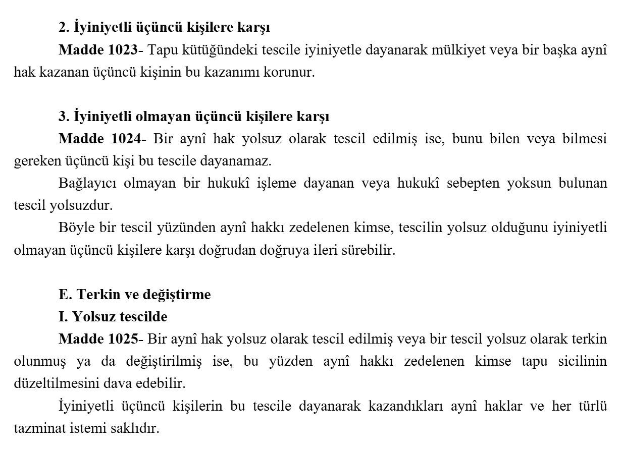 Turkish Civil Code Articles 1023, 1024 and 1025 in Turkish: protection of good-faith third parties, invalid registration and the lawsuit to correct the land register