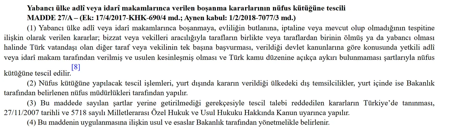 Turkish Civil Registry Services Law Article 27/A: registration of foreign divorce decisions in the civil registry