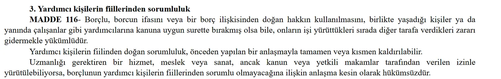 Turkish Code of Obligations Article 116: liability for auxiliaries and nullity of exclusion clauses for licensed professions