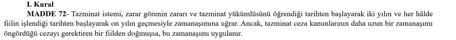 Turkish Code of Obligations Article 72: two-year and ten-year limitation periods for compensation claims