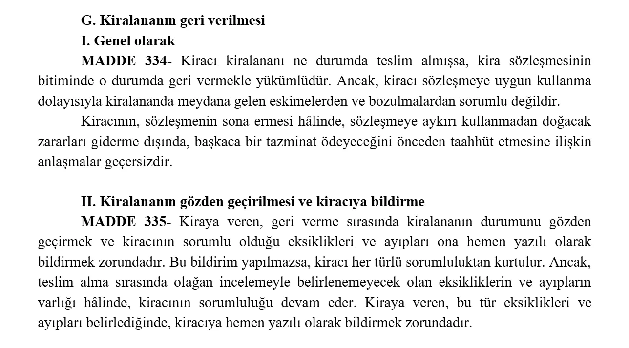 Turkish Code of Obligations Articles 334 and 335 in Turkish: return of the rented item and the owner's duty to inspect and notify defects in writing immediately