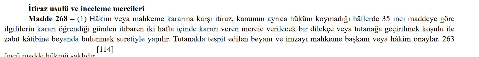 Turkish Code of Criminal Procedure Article 268: objection to be filed within two weeks
