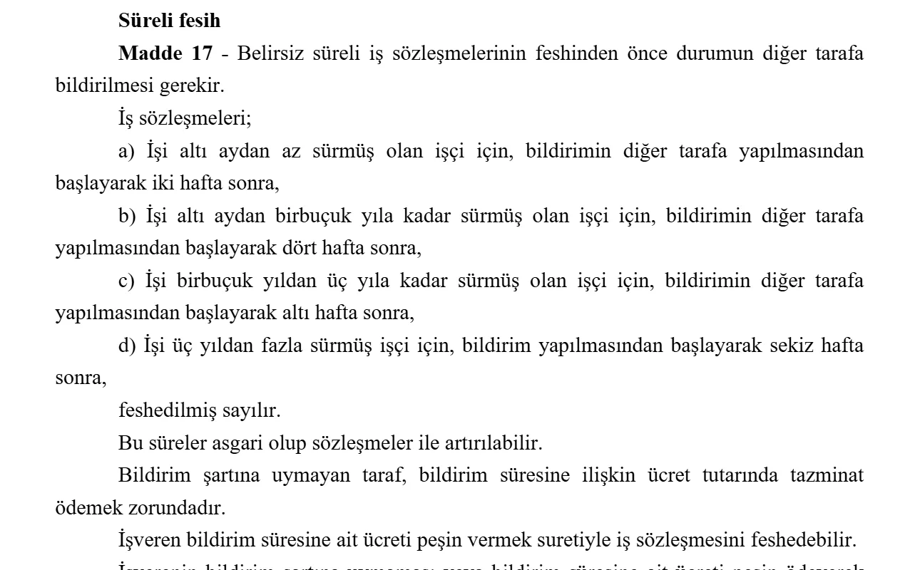 Turkish Labour Act No. 4857 Article 17 in Turkish: notice periods of two, four, six and eight weeks depending on service, and notice pay when notice is not given