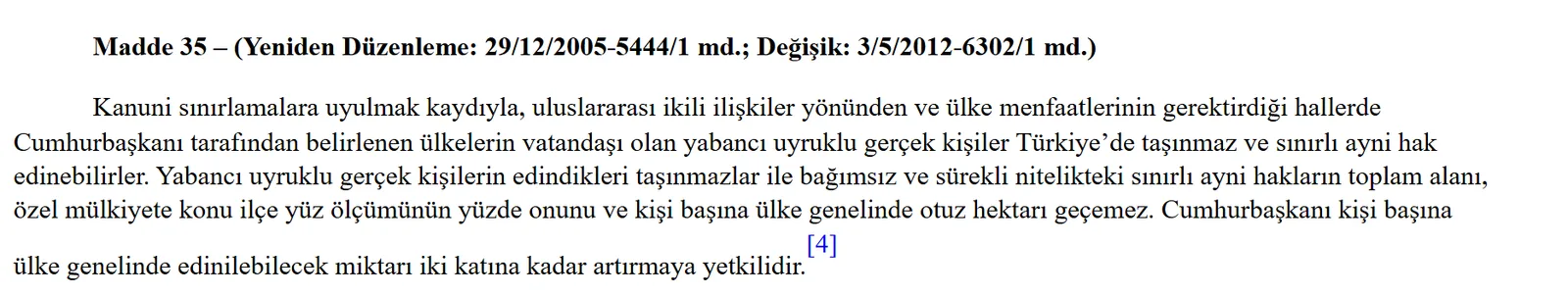 Turkish Land Registry Law Article 35: conditions and area limits for foreigners buying property in Turkey