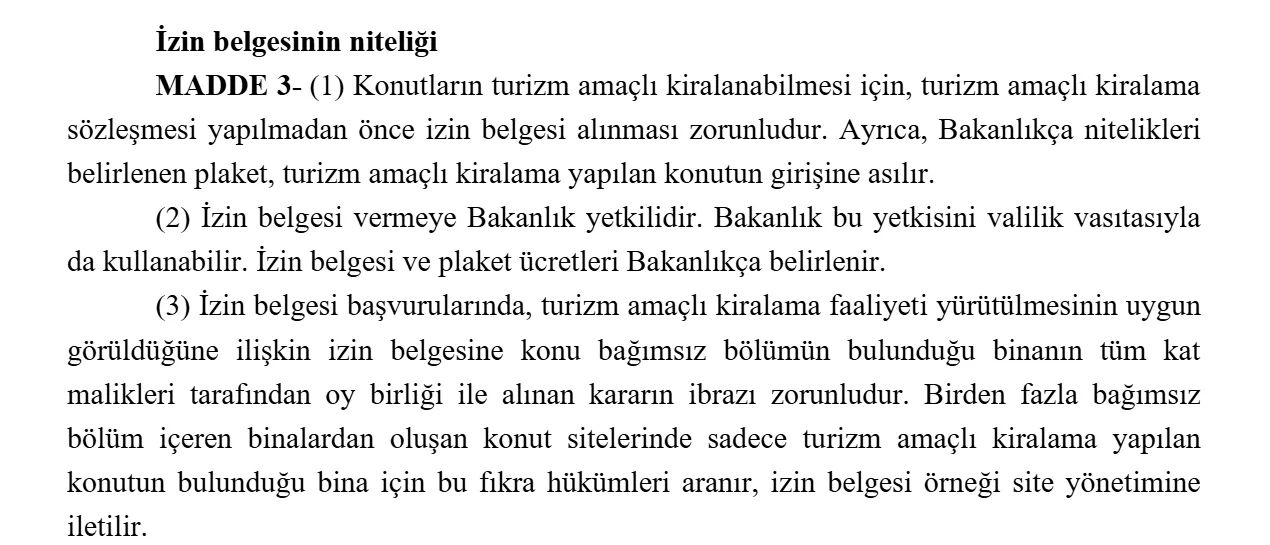 Turkish Law 7464 Article 3 in Turkish: permit required before a tourism rental contract, plaque at the entrance, and unanimous decision of all flat owners in the building