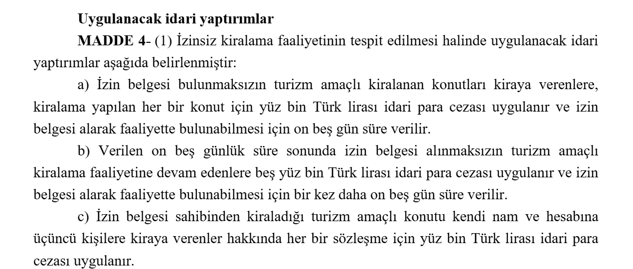 Turkish Law 7464 Article 4 in Turkish: fines of 100,000 and 500,000 lira for renting homes to tourists without a permit, and for subletting a permitted home