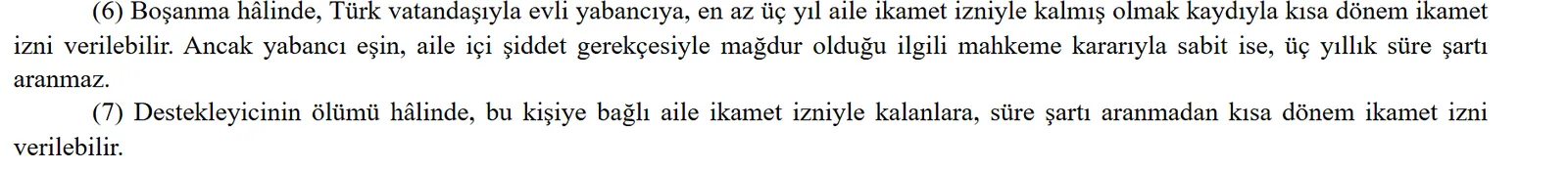 Turkish Law on Foreigners and International Protection Article 34/6: short-term residence permit after divorce