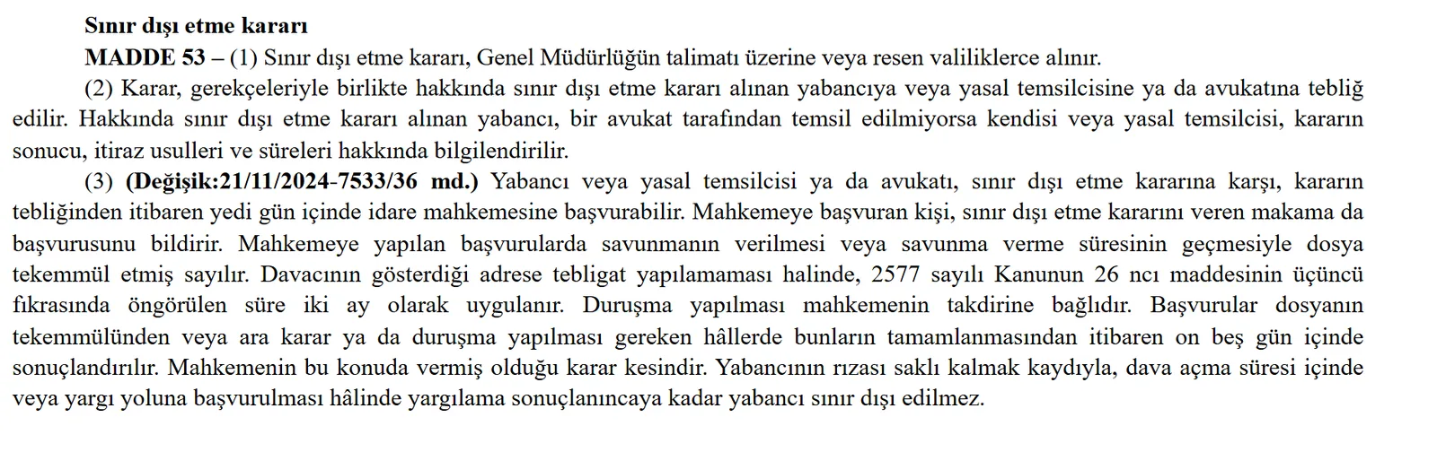 Turkish Law on Foreigners Article 53: deportation decision and appeal to the administrative court within seven days