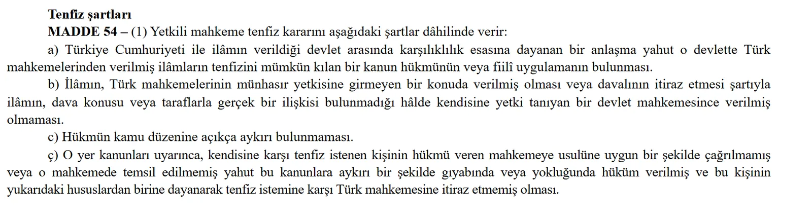 Turkish Private International Law Act Article 54: conditions for recognition and enforcement of foreign judgments