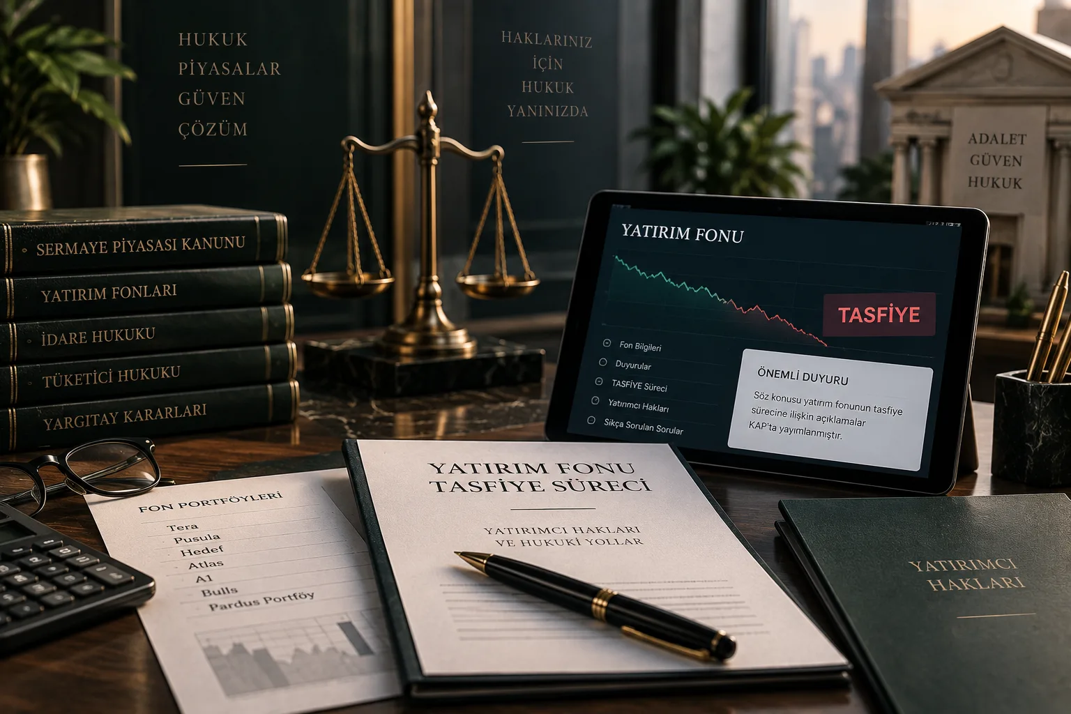 Yatırım fonu tasfiyesi ve mağdur yatırımcının hukuki yollarını simgeleyen masa üzerinde hukuk kitapları, terazi ve tablet